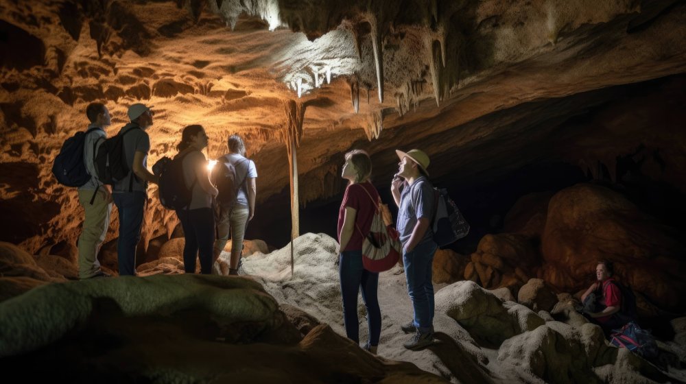 A group of people experiencing teamwork in caving.